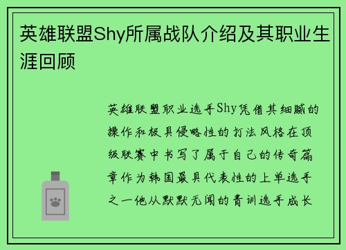 英雄联盟Shy所属战队介绍及其职业生涯回顾