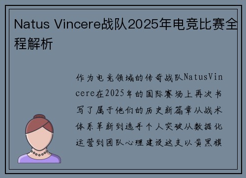 Natus Vincere战队2025年电竞比赛全程解析