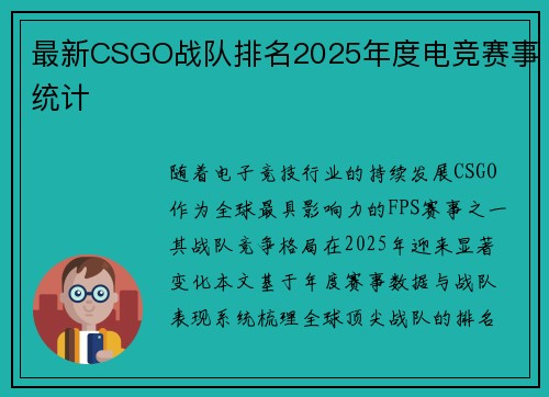 最新CSGO战队排名2025年度电竞赛事统计