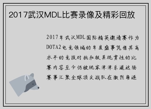 2017武汉MDL比赛录像及精彩回放