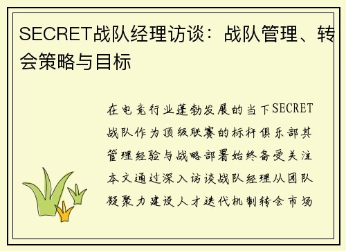 SECRET战队经理访谈：战队管理、转会策略与目标