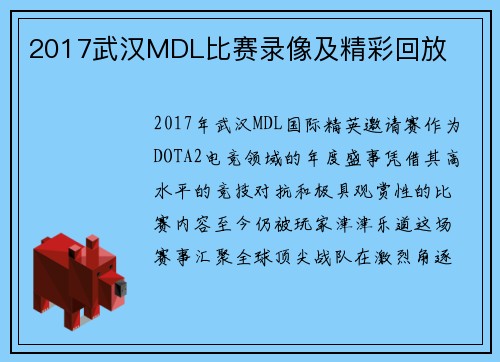 2017武汉MDL比赛录像及精彩回放